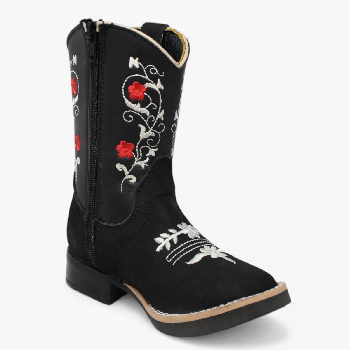 Botas Cuadrada Negro con Flores Rojas y Ringle - Sidney - A&A Boots