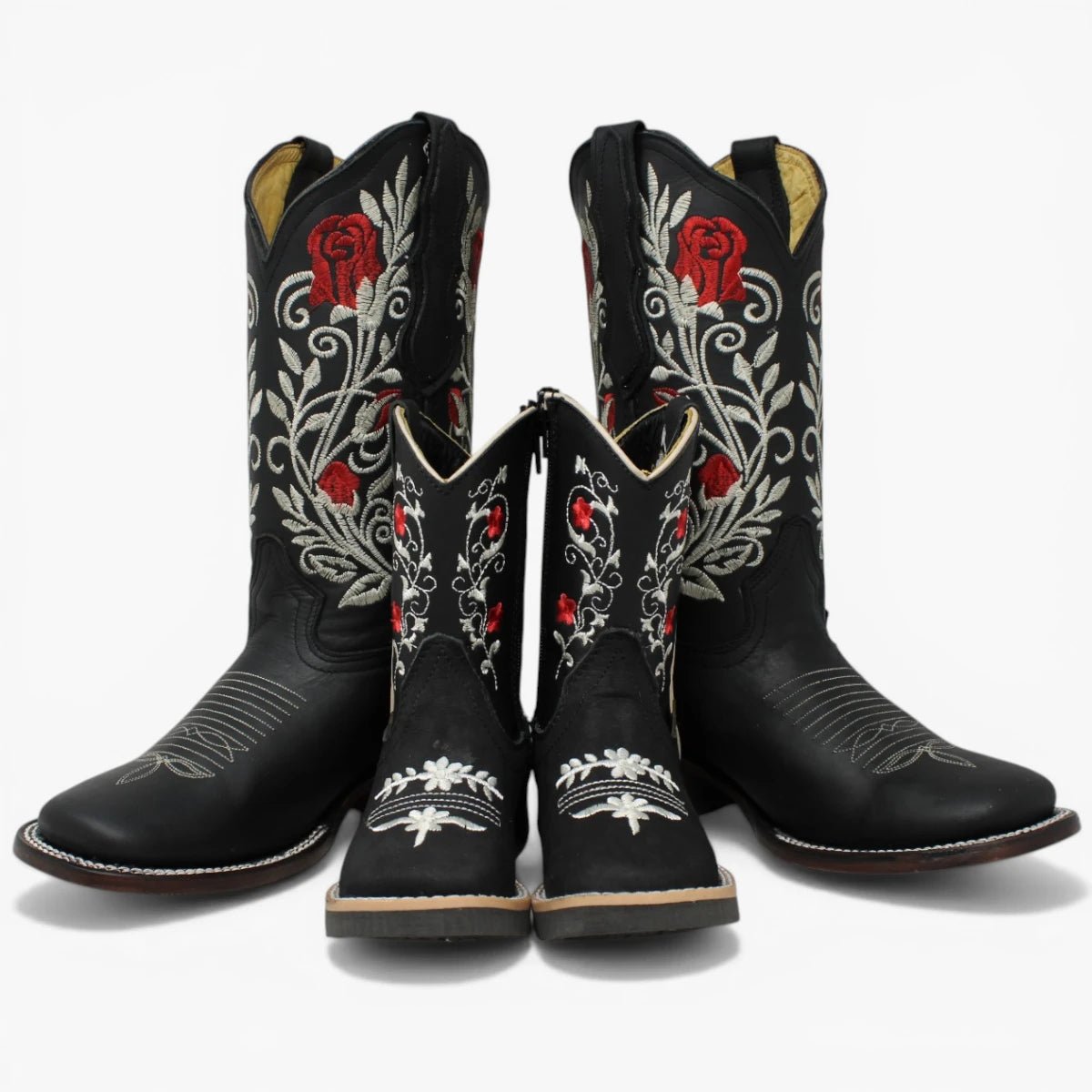 Botas Cuadrada Negro con Flores Rojas y Ringle - Sidney - A&A Boots