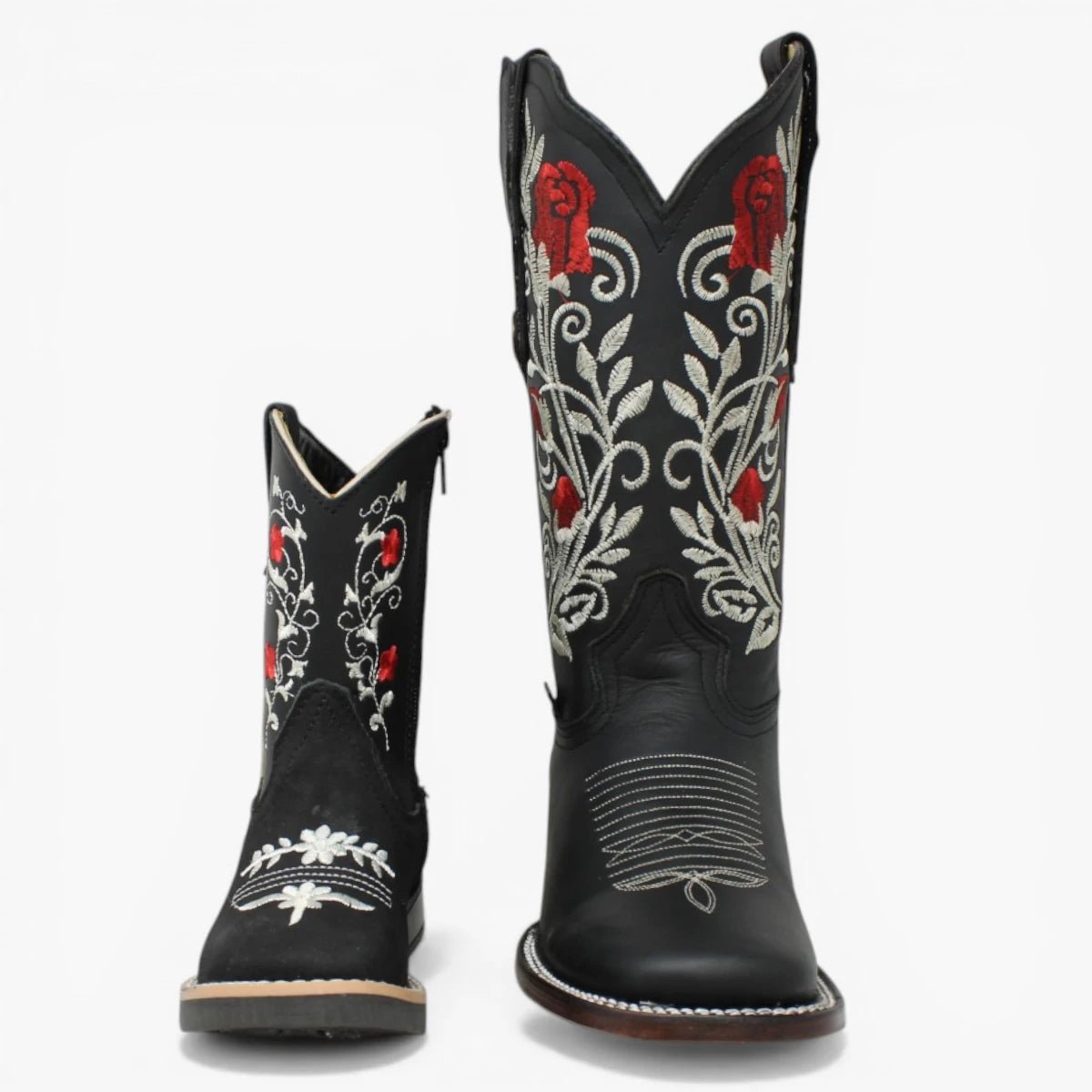 Botas Cuadrada Negro con Flores Rojas y Ringle - Sidney - A&A Boots