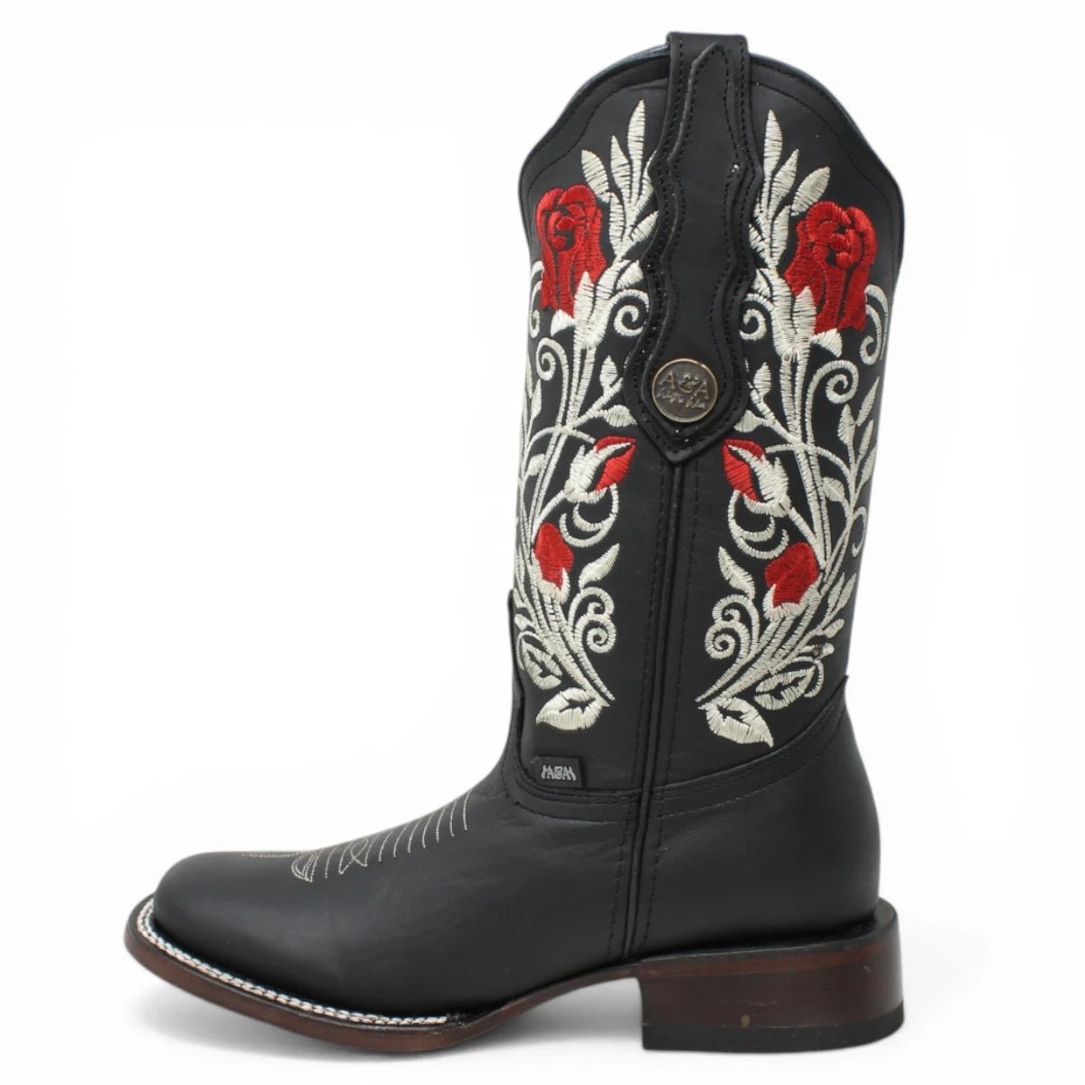 Botas Cuadrada Negro con Flores Rojas y Ringle - Sidney - A&A Boots
