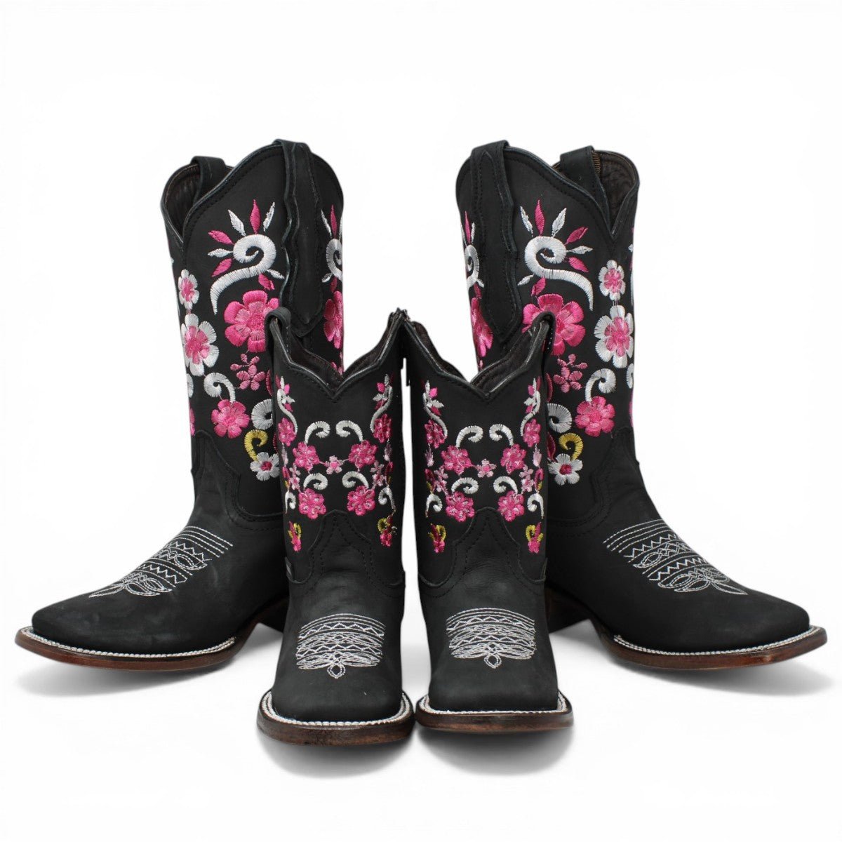 Botas Cuadrada Negro con Flores Rosas y Ringle - A&A Boots - A&A Boots
