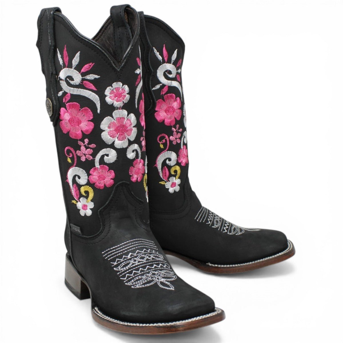 Botas Cuadrada Negro con Flores Rosas y Ringle - A&A Boots - A&A Boots