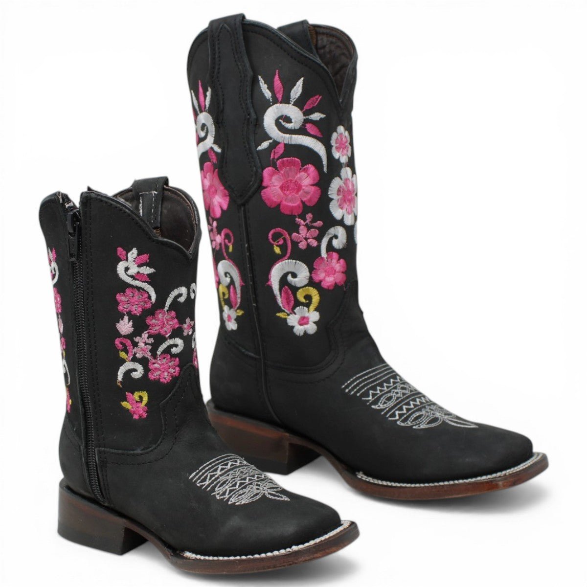 Botas Cuadrada Negro con Flores Rosas y Ringle - A&A Boots - A&A Boots