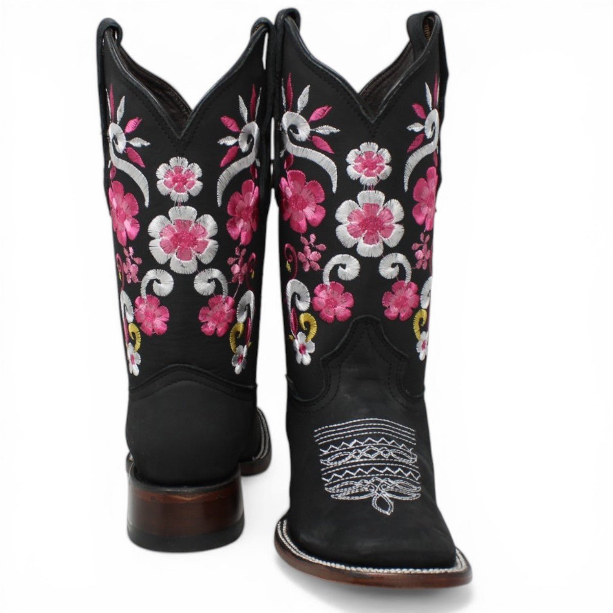 Botas Cuadrada Negro con Flores Rosas y Ringle - A&A Boots - A&A Boots