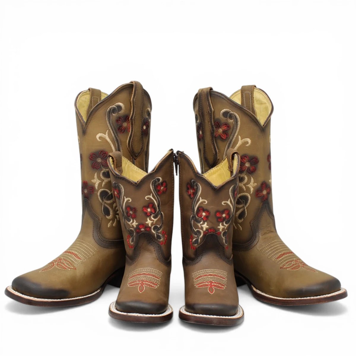 Botas Cuadrada Tan con Flores Rojas y Ringle - Bandida - A&A Boots