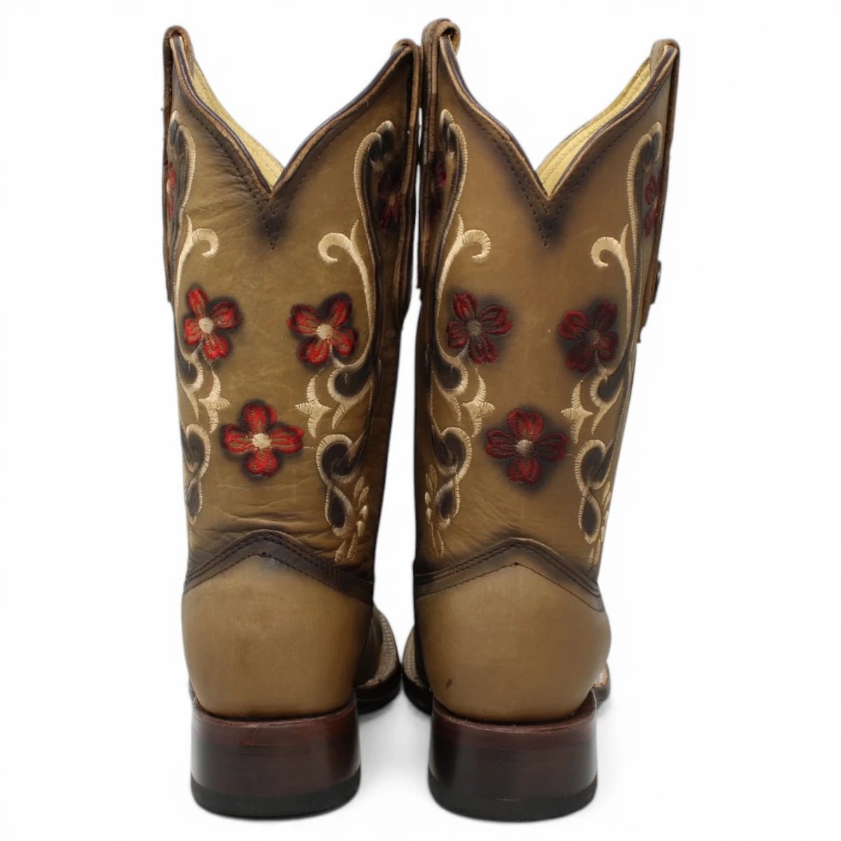 Botas Cuadrada Tan con Flores Rojas y Ringle - Bandida - A&A Boots