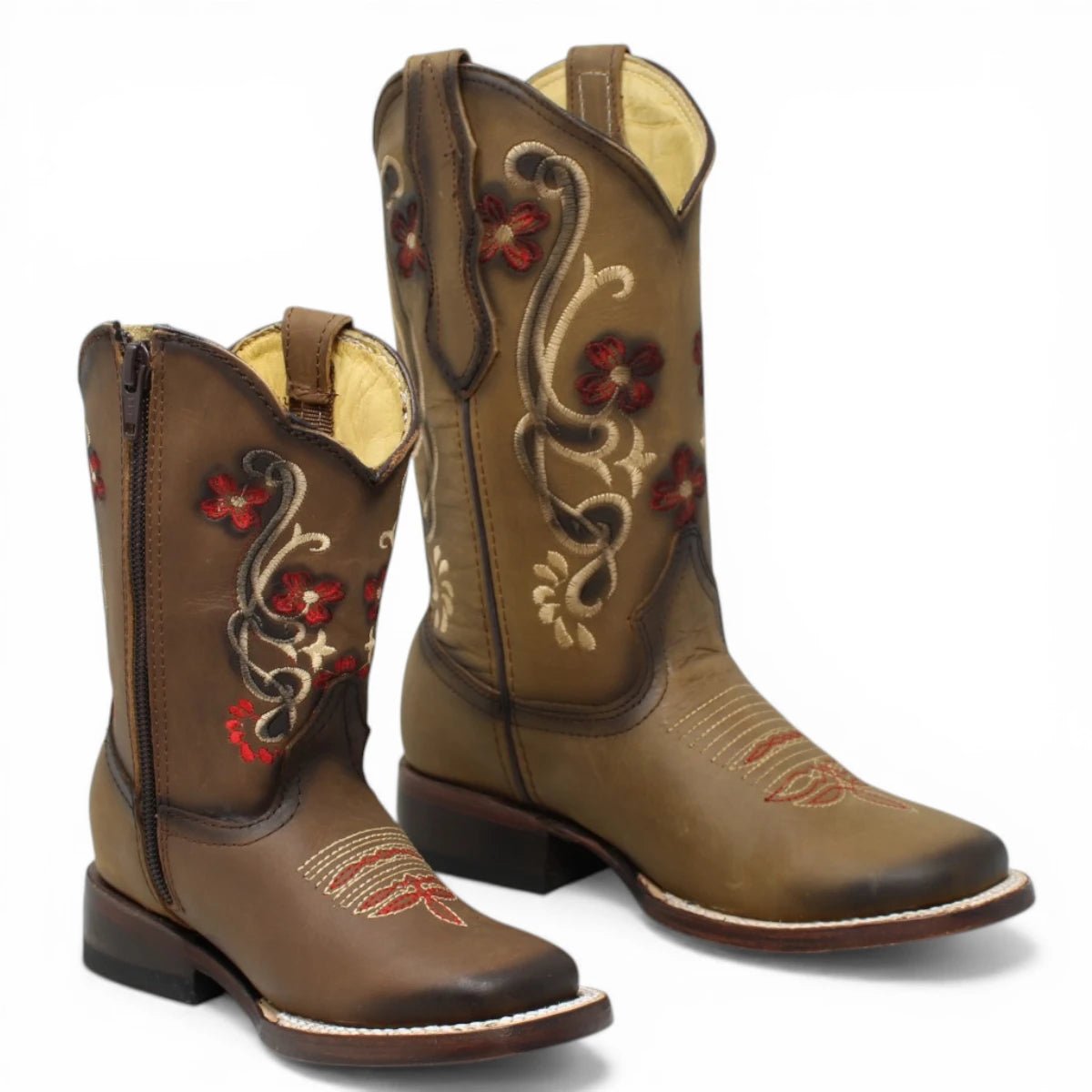 Botas Cuadrada Tan con Flores Rojas y Ringle - Bandida - A&A Boots
