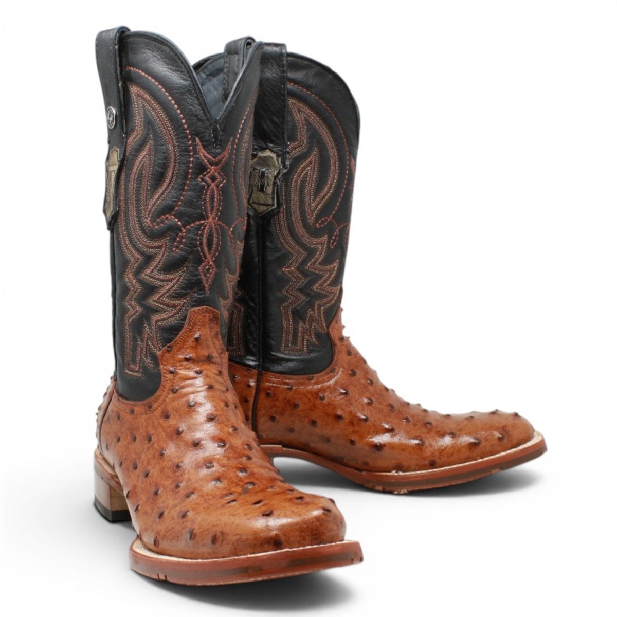 Botas de Avestruz Grabado Punta Cuadrada Color Cognac Rustico - Tanner Mark Boots - Tanner Mark Boots