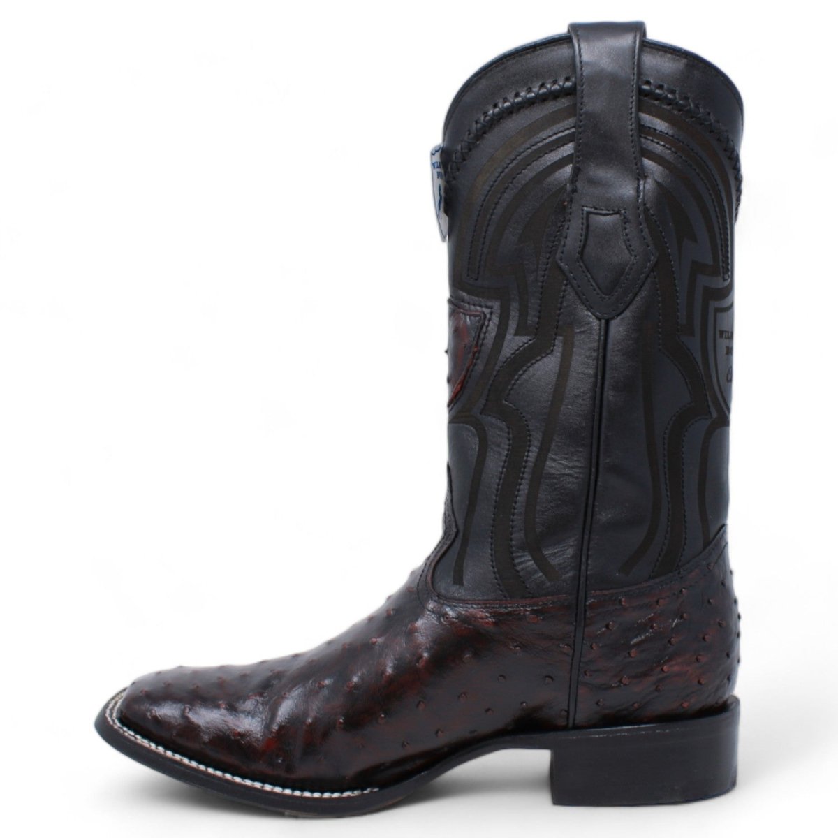 Genuine Ostrich Wide Square Toe Boots Black Cherry Color - Wild West Boots left side