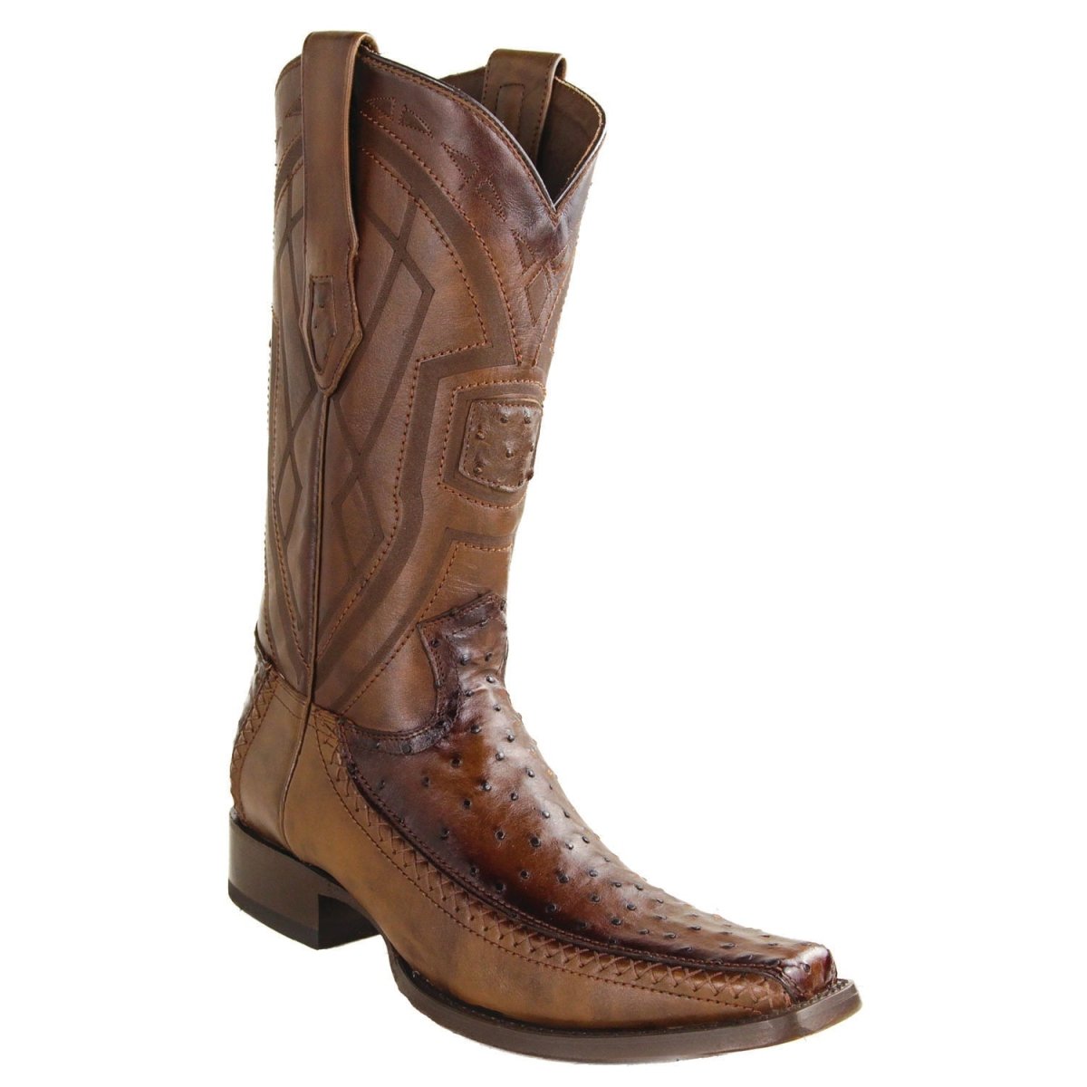Botines de Avestruz Original Punta Cuadrada Ancha Color Cognac Difuminado - Los Altos Boots main image 0