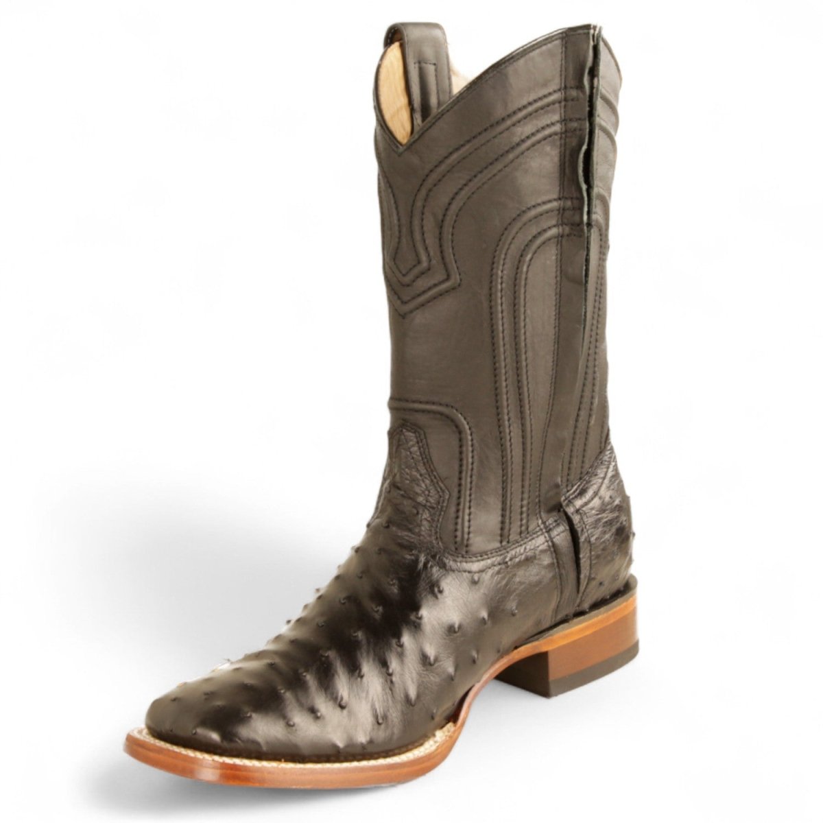 Botas de Avestruz Original Punta Rodeo Cuadrada Ancha con Zipper Color Negro - Los Altos Boots - Los Altos Boots