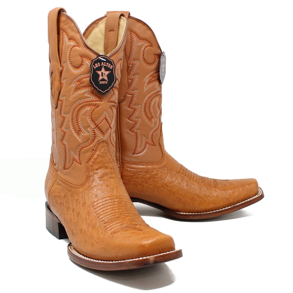 Botas de Avestruz Panza Original Punta Rodeo Cuadrada Ancha Color Miel - Los Altos Boots - Los Altos Boots