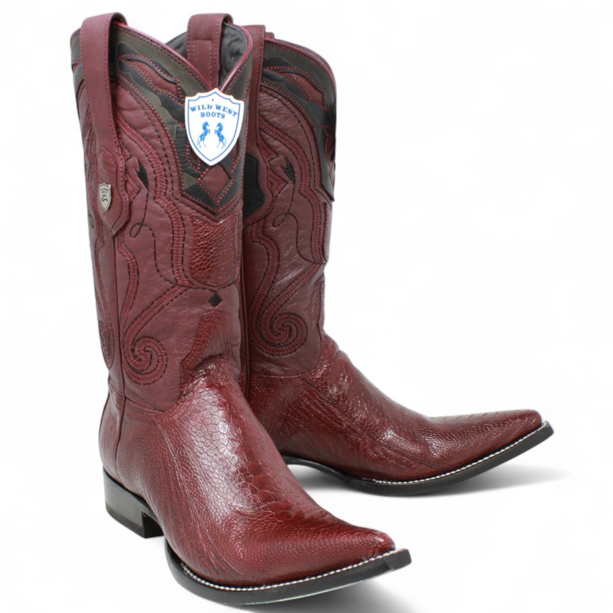 Western Genuine Ostrich leg 3X Toe Boots Burgundy Color - Wild West Boots - Pair SIde View