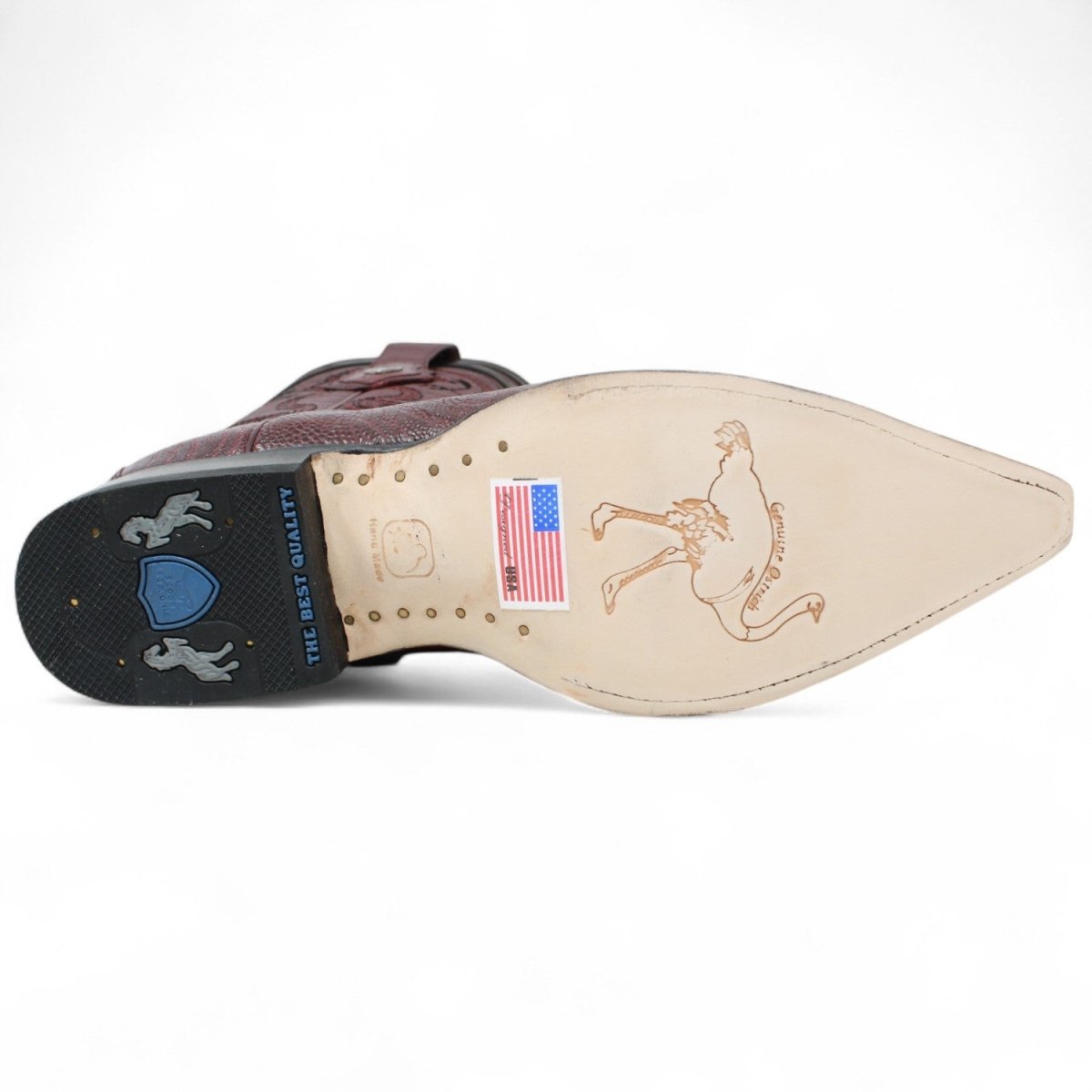 Western Genuine Ostrich leg 3X Toe Boots Burgundy Color - Wild West Boots - Sole View