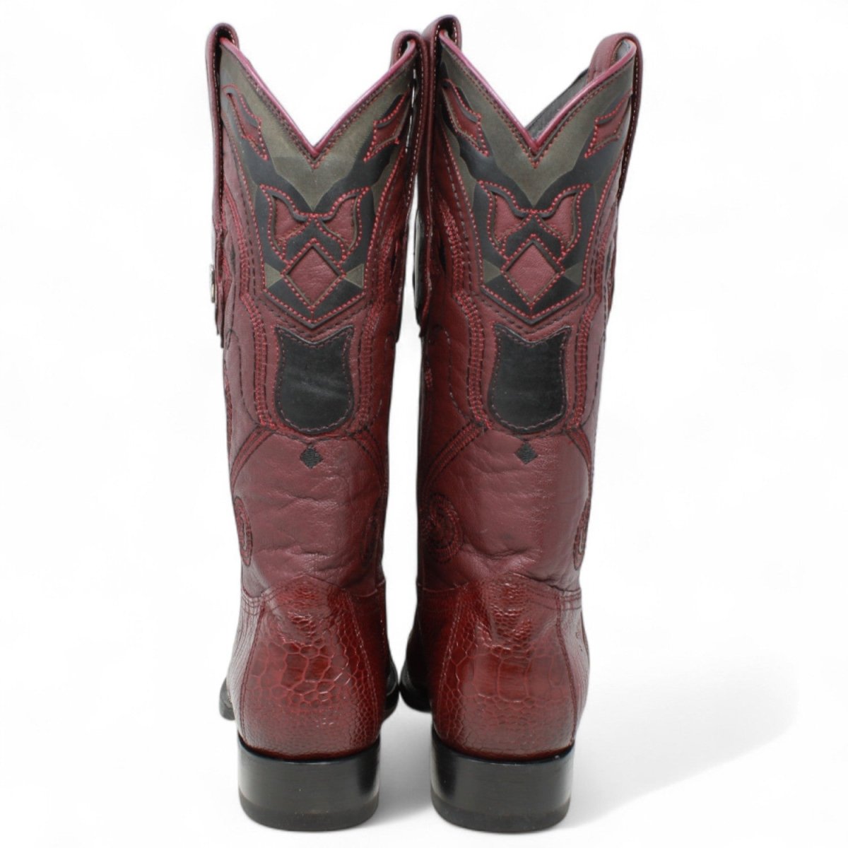 Western Genuine Ostrich leg 3X Toe Boots Burgundy Color - Wild West Boots - Pair Backl View