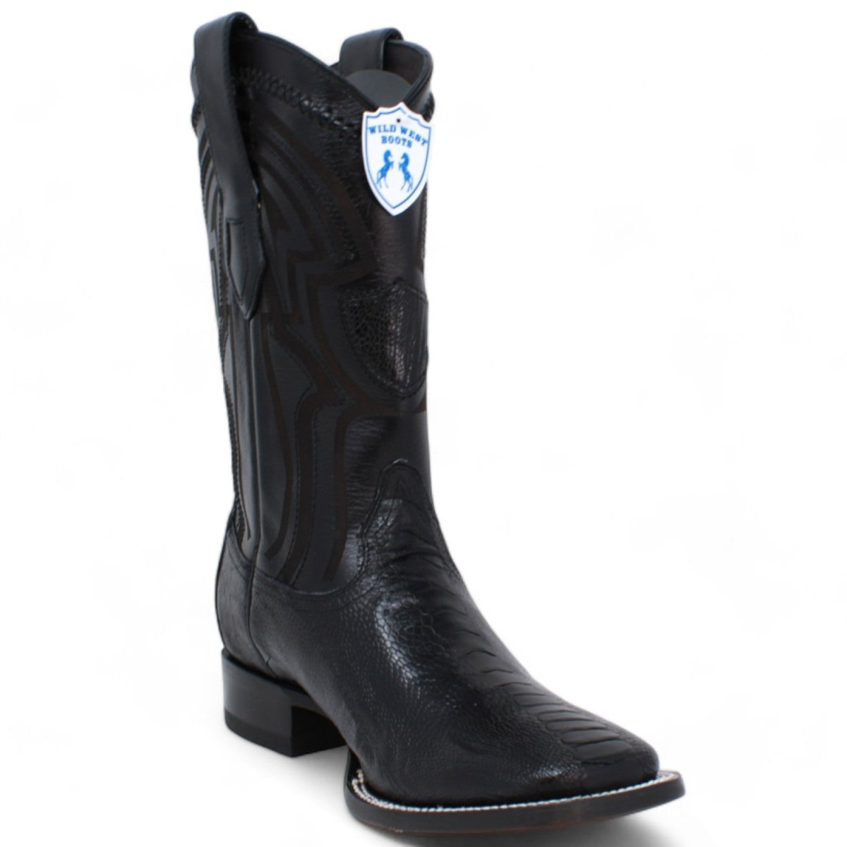 Genuine Ostrich Leg Wide Square Toe Boots Black Color - Wild West Boots