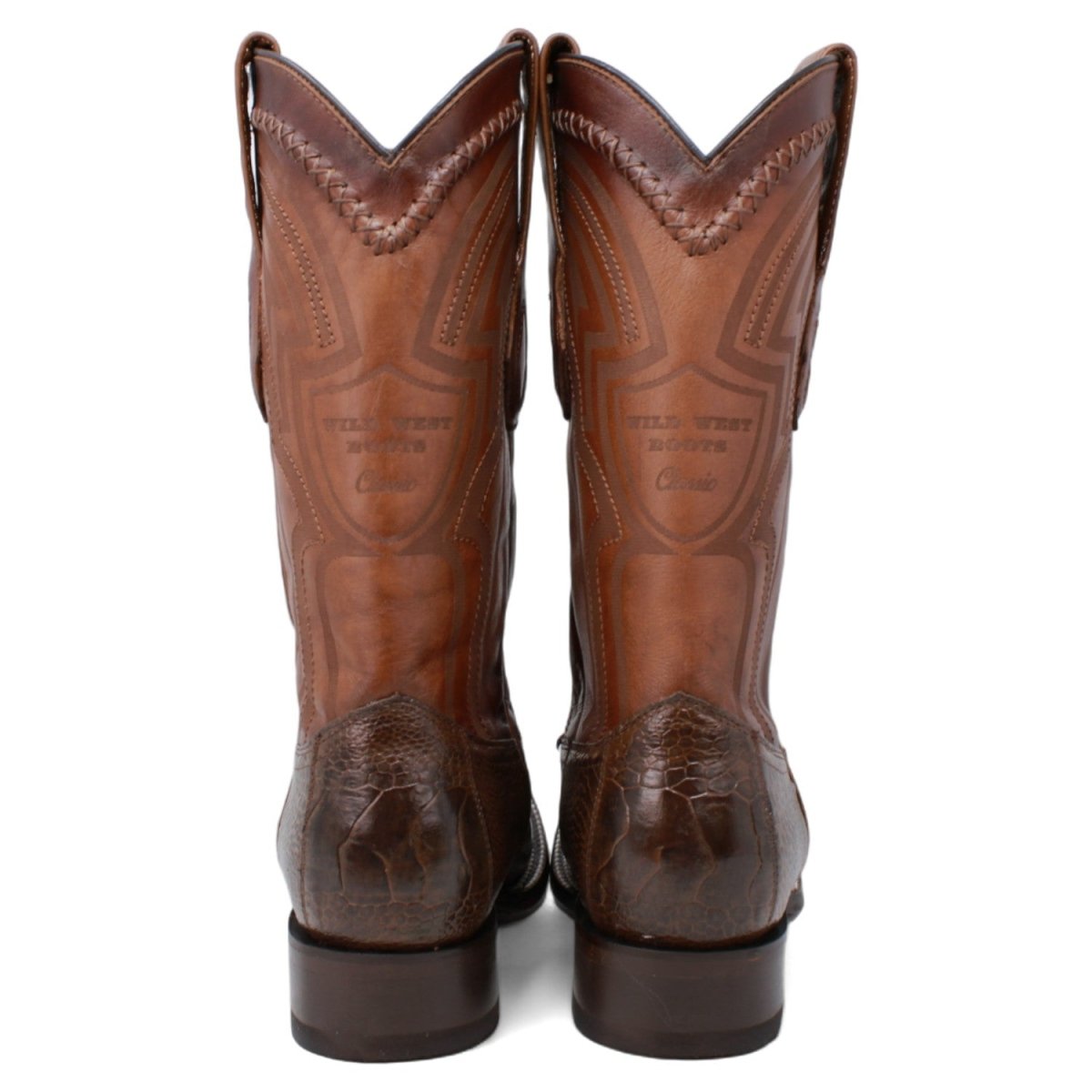 Genuine Ostrich Leg Wide Square Toe Boots Brown Color - Wild West Boots back
