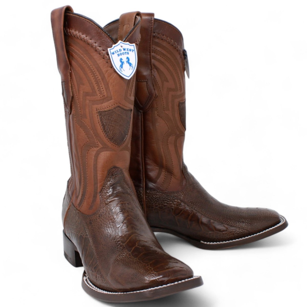 Genuine Ostrich Leg Wide Square Toe Boots Brown Color - Wild West Boots pair