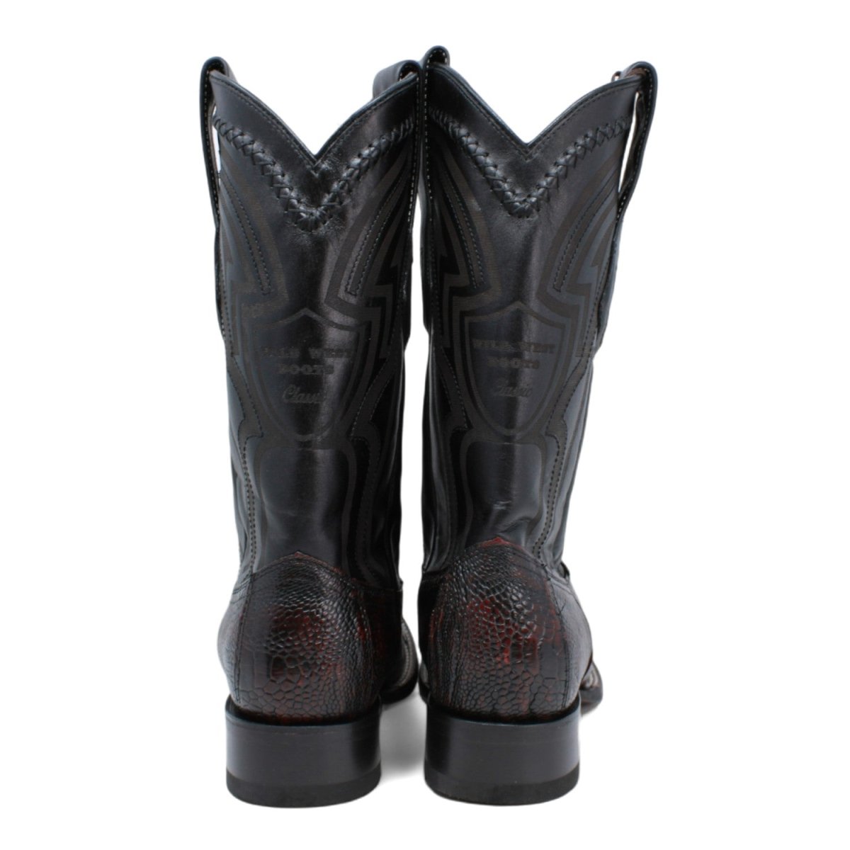 Genuine Ostrich Leg Wide Square Toe Boots Black Cherry Color - Wild West Boots back