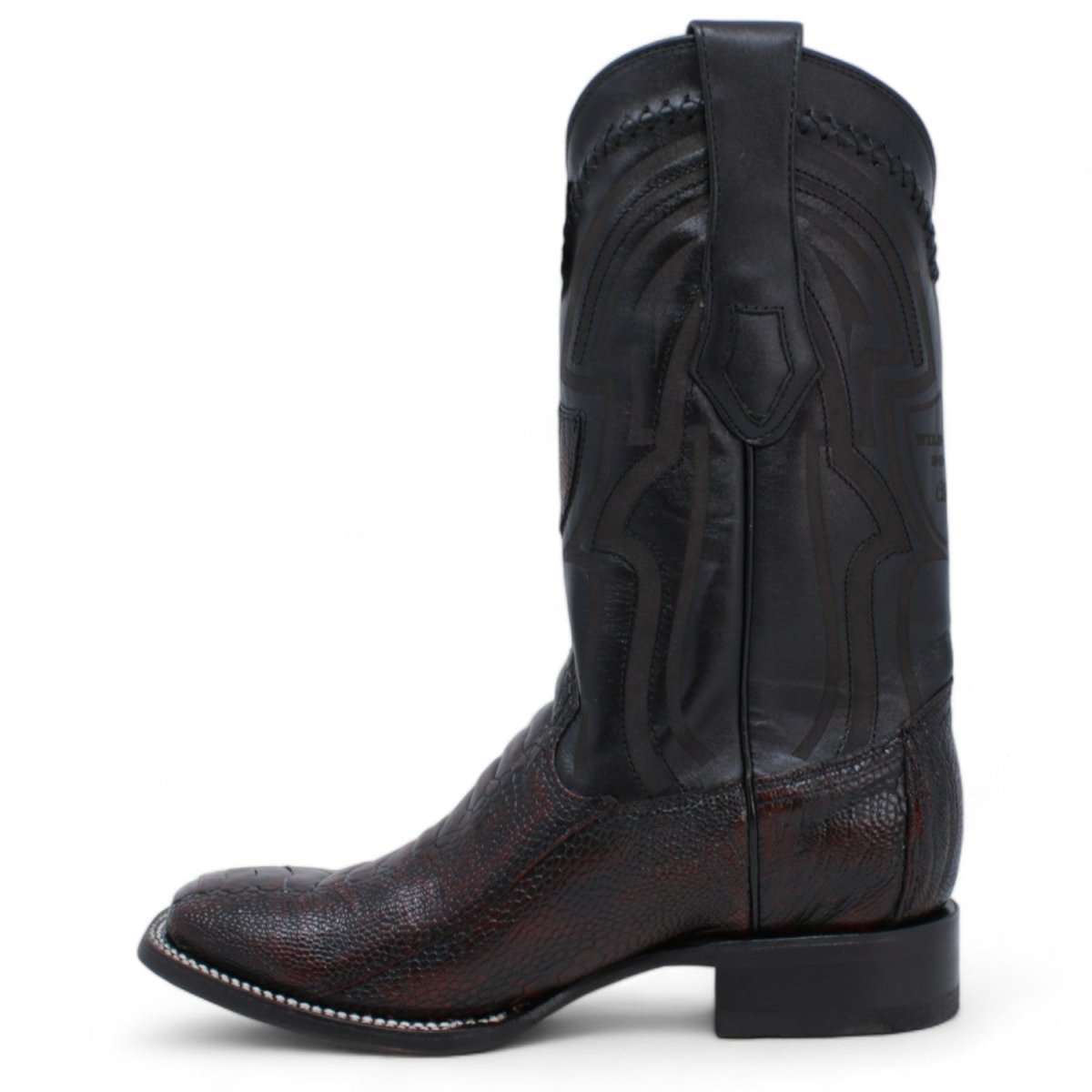 Genuine Ostrich Leg Wide Square Toe Boots Black Cherry Color - Wild West Boots left side