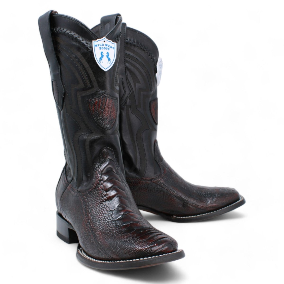 Botas de Pata de Avestruz Punta Rodeo Cuadrada Ancha Color Negro Rojizo - Los Altos Boots