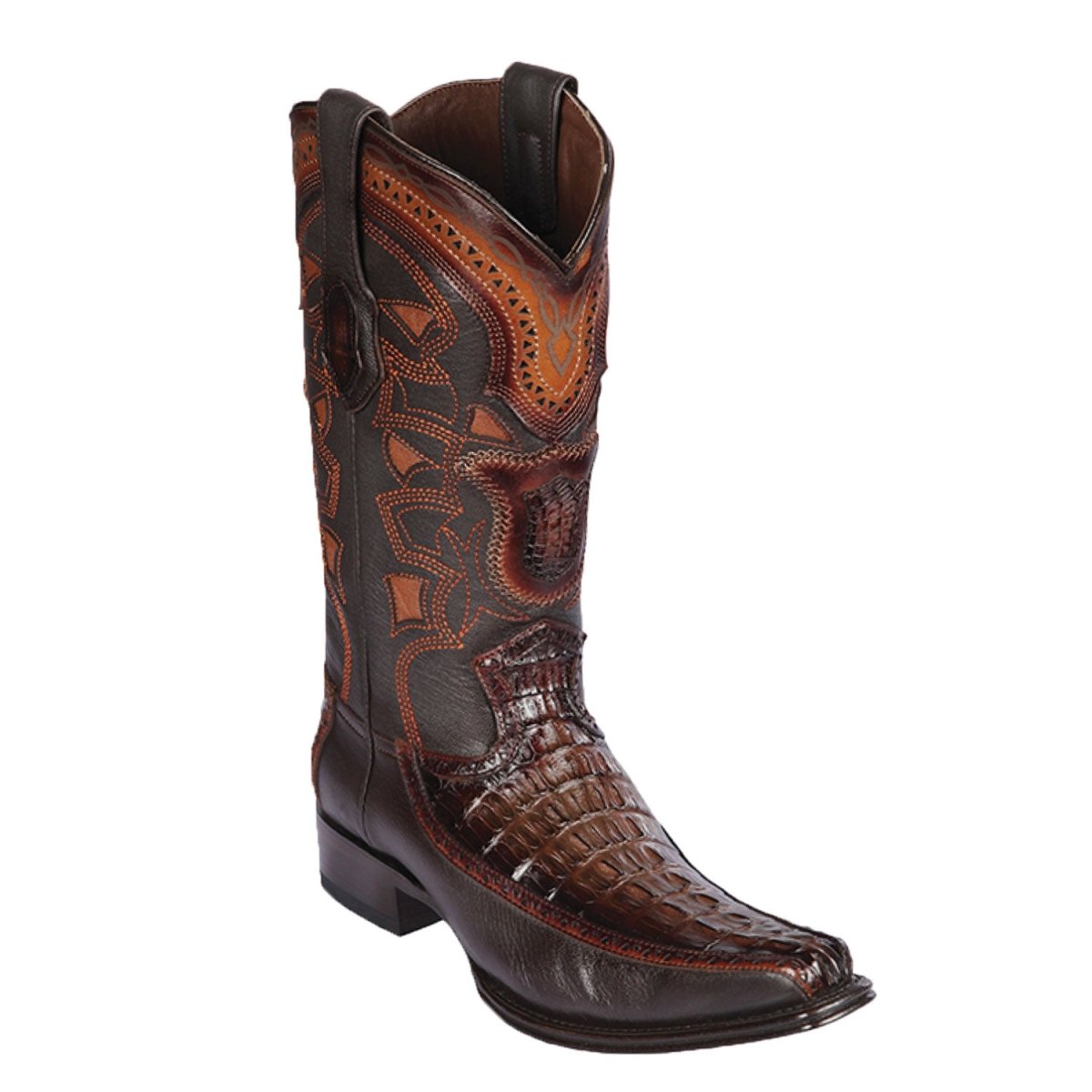 Botas de Cocodrilo Caiman Cola con Venado Original Punta Europea Color Cafe Difuminado - Los Altos Boots - Los Altos Boots