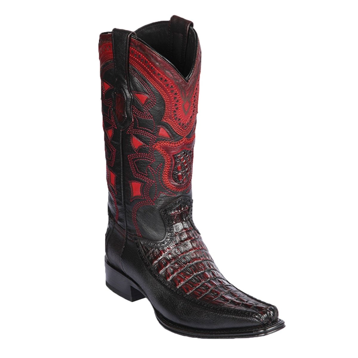 Botas de Cocodrilo Caiman Cola con Venado Original Punta Europea Color Negro Rojizo - Los Altos Boots - Los Altos Boots
