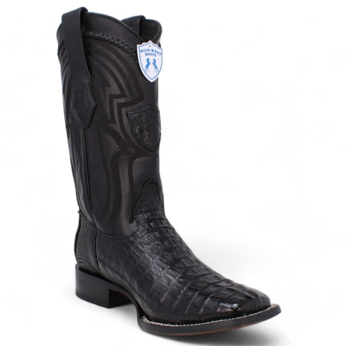 Genuine Crocodile Caiman Tail Wide Square Toe Boots Black Color - Wild West Boots side view