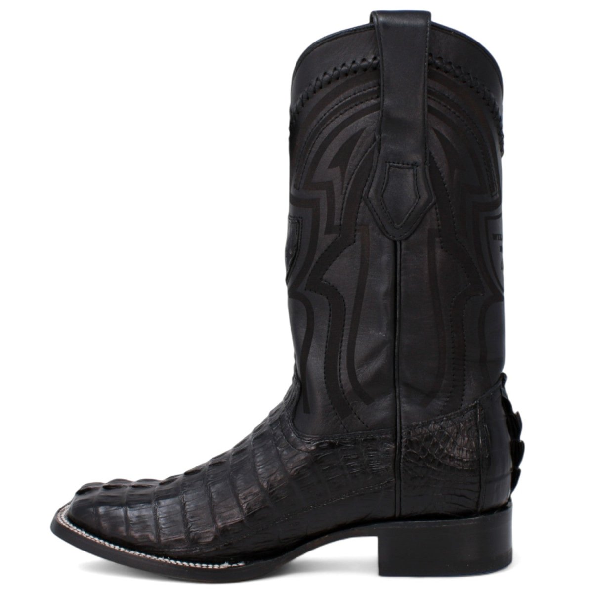 Genuine Crocodile Caiman Tail Wide Square Toe Boots Black Color - Wild West Boots left side