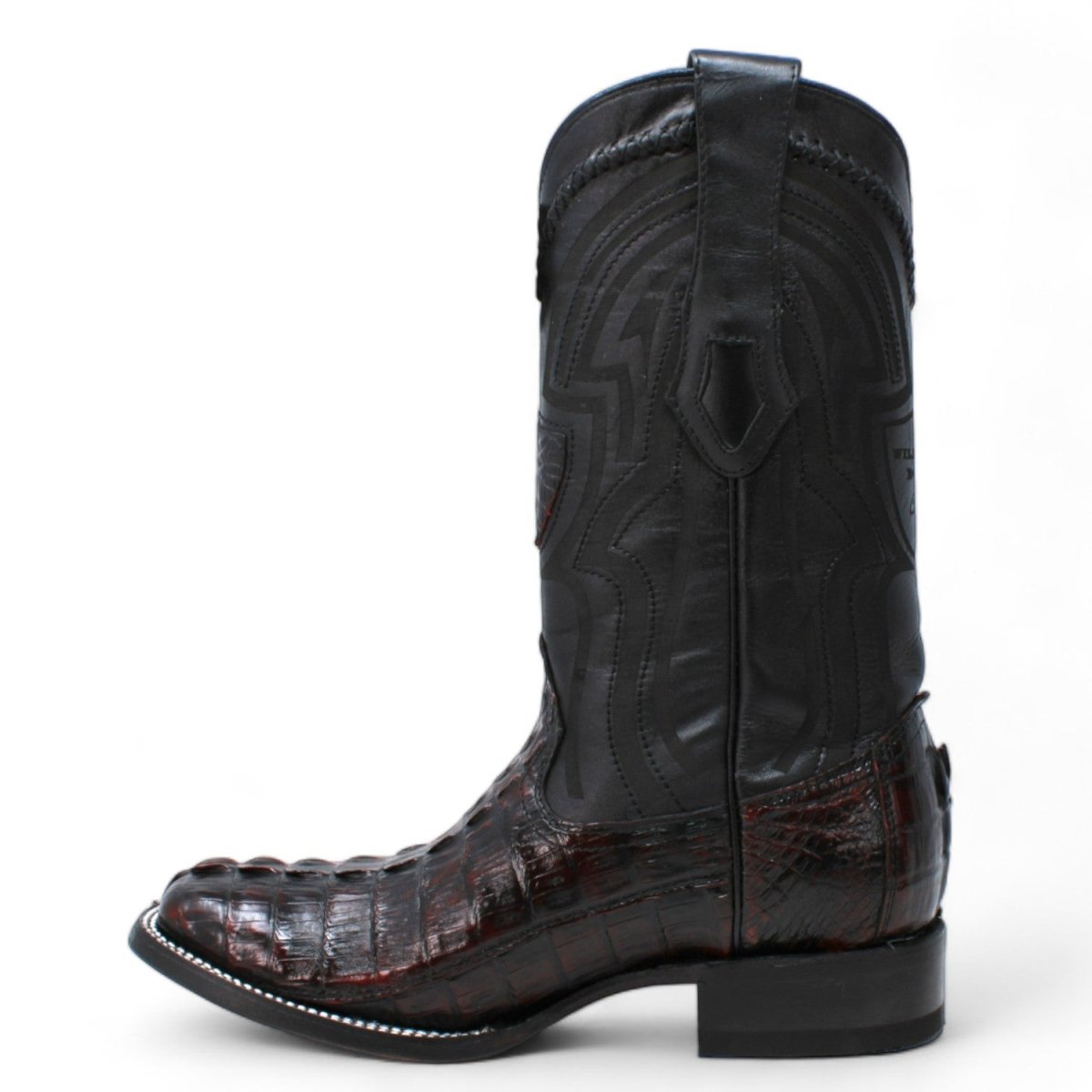 Genuine Crocodile Caiman Tail Wide Square Toe Boots Black Cherry Color - Wild West Boots left side