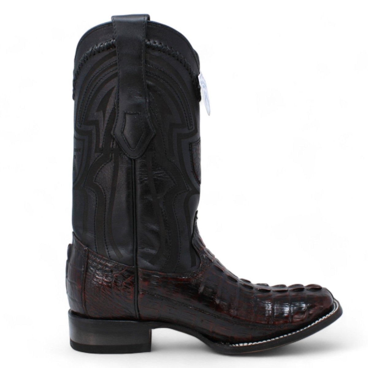 Genuine Crocodile Caiman Tail Wide Square Toe Boots Black Cherry Color - Wild West Boots right side