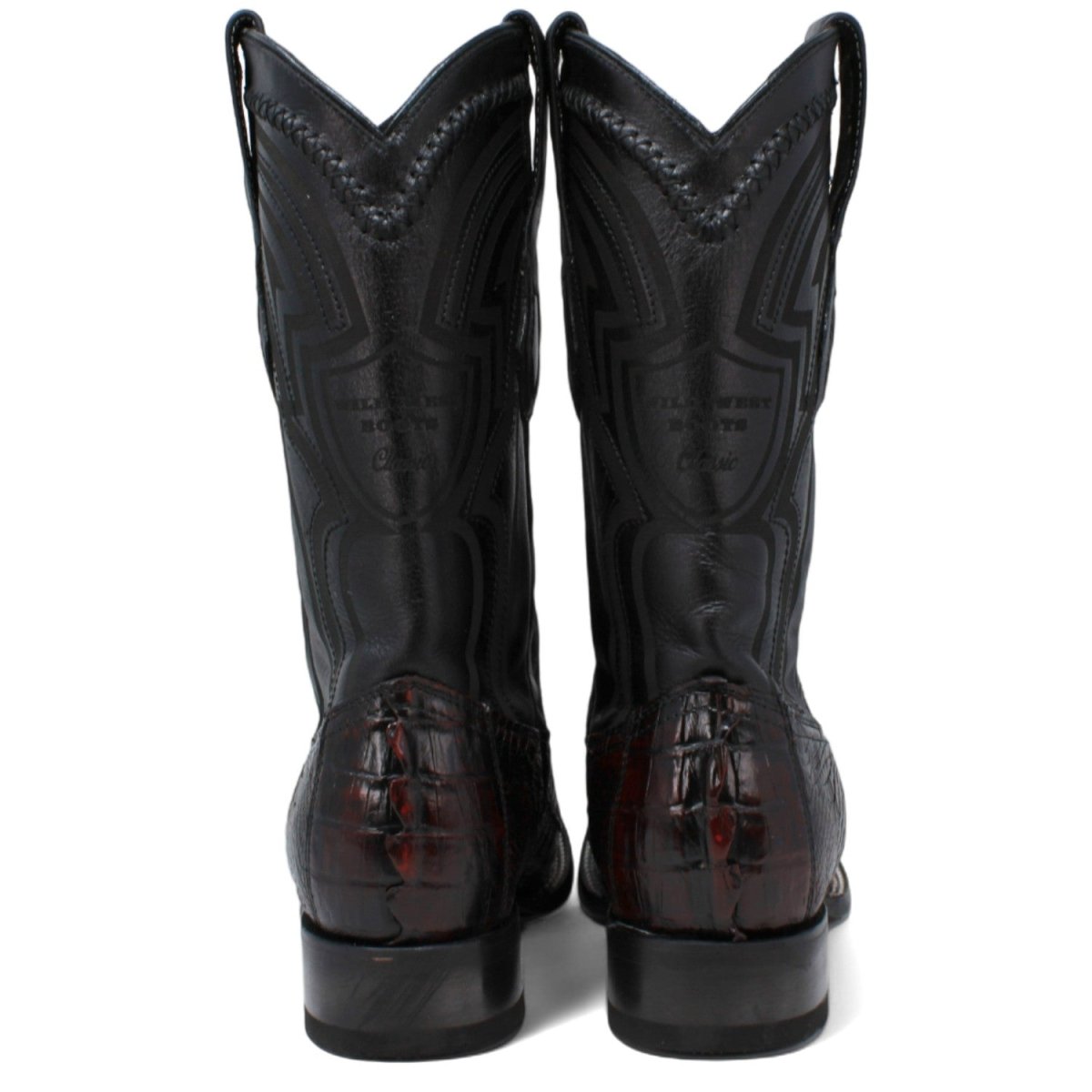 Genuine Crocodile Caiman Tail Wide Square Toe Boots Black Cherry Color - Wild West Boots back