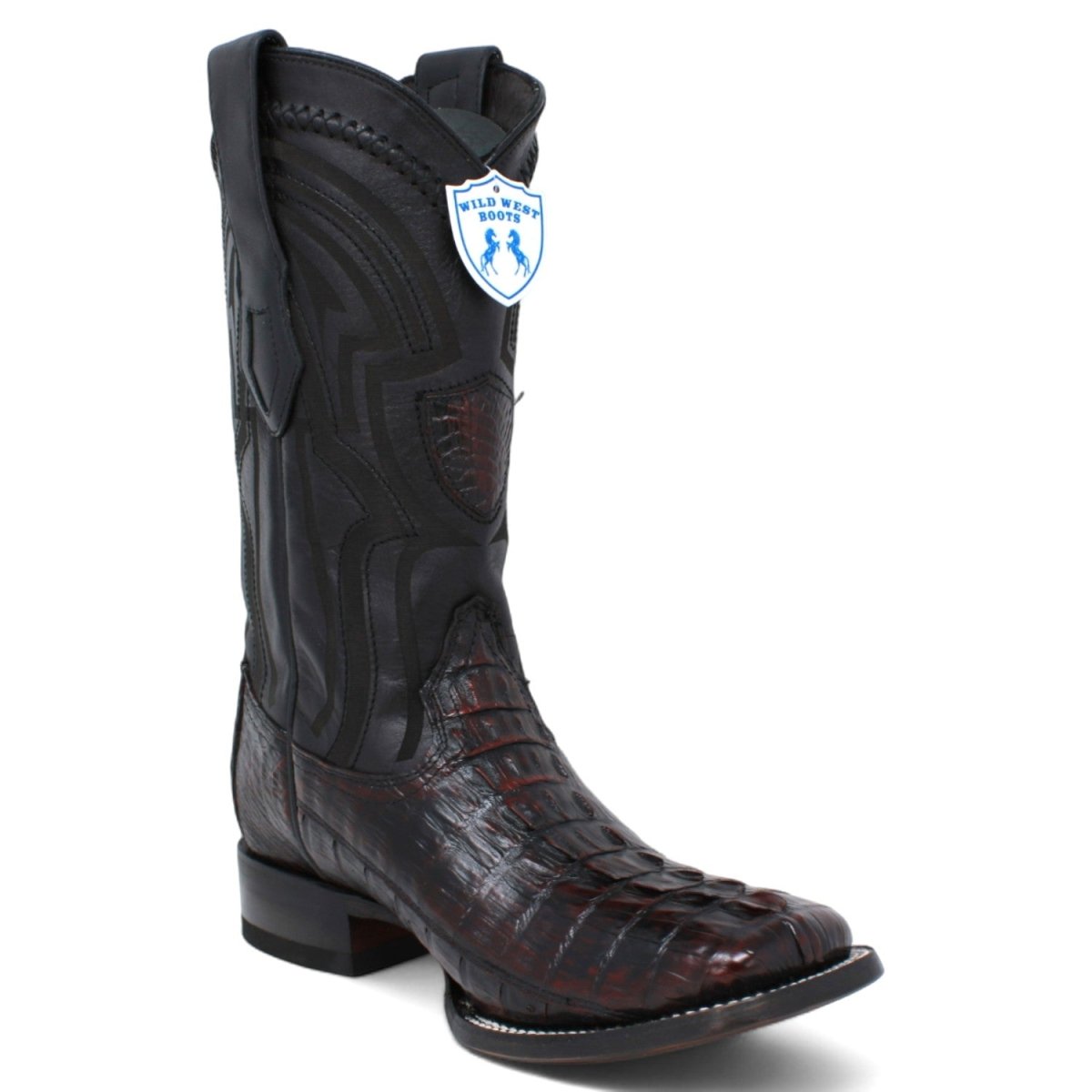 Genuine Crocodile Caiman Tail Wide Square Toe Boots Black Cherry Color - Wild West Boots