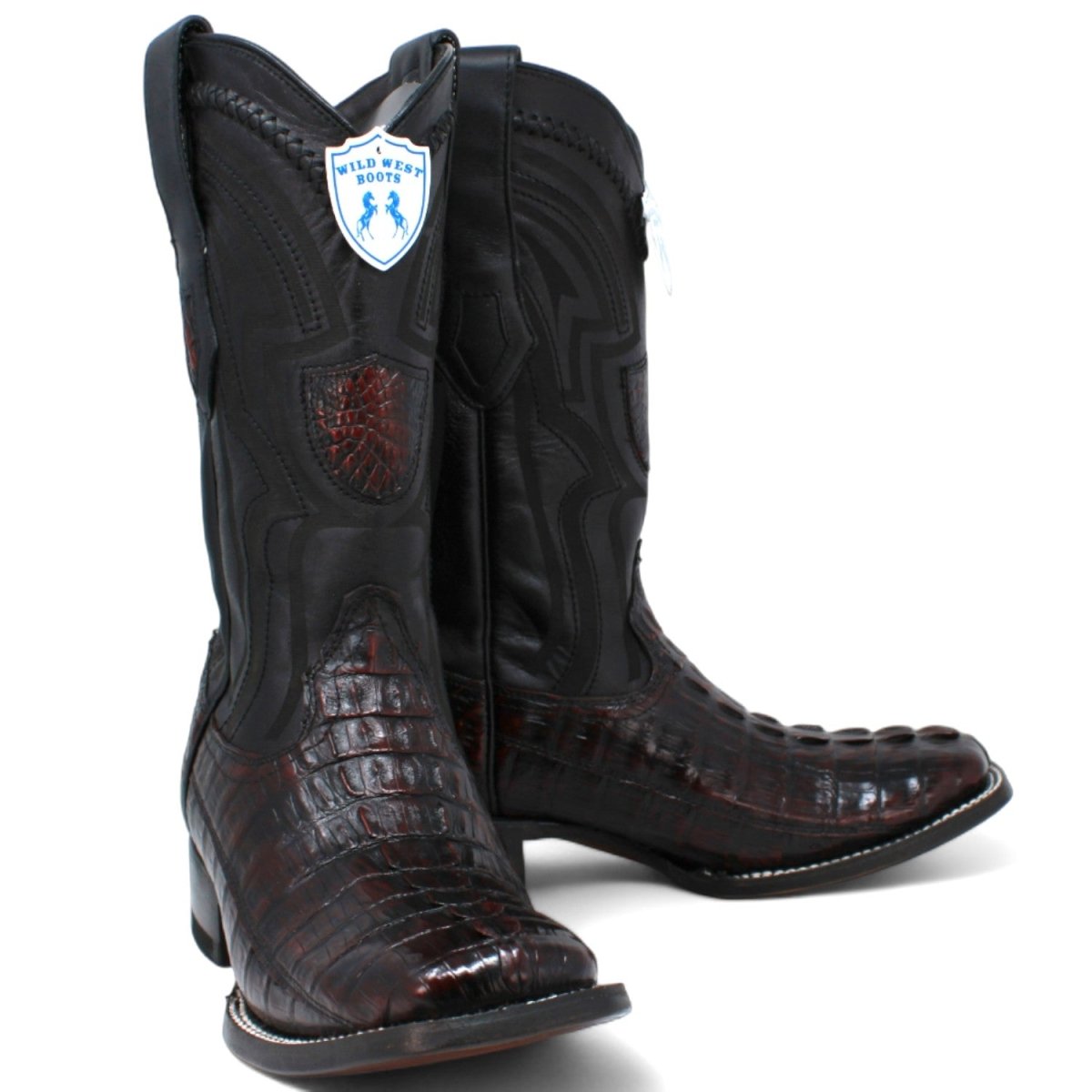 Genuine Crocodile Caiman Tail Wide Square Toe Boots Black Cherry Color - Wild West Boots pair