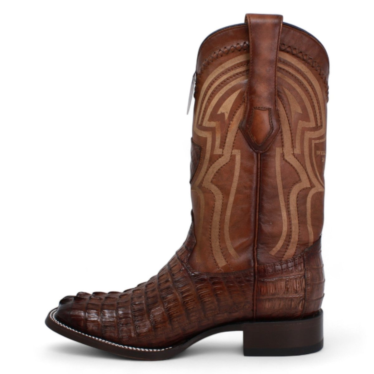 Genuine Crocodile Caiman Tail Wide Square Toe Boots Brown Color - Wild West Boots left side