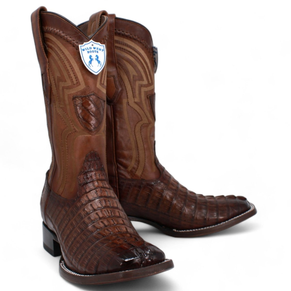 Genuine Crocodile Caiman Tail Wide Square Toe Boots Brown Color - Wild West Boots pair