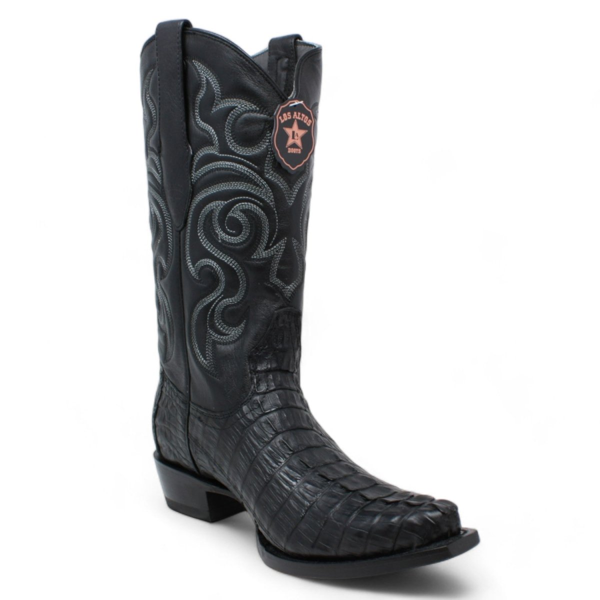 Original Caiman Crocodile Tail Western Boots with Snip Toe in Black Color - Los Altos Boots - Side View