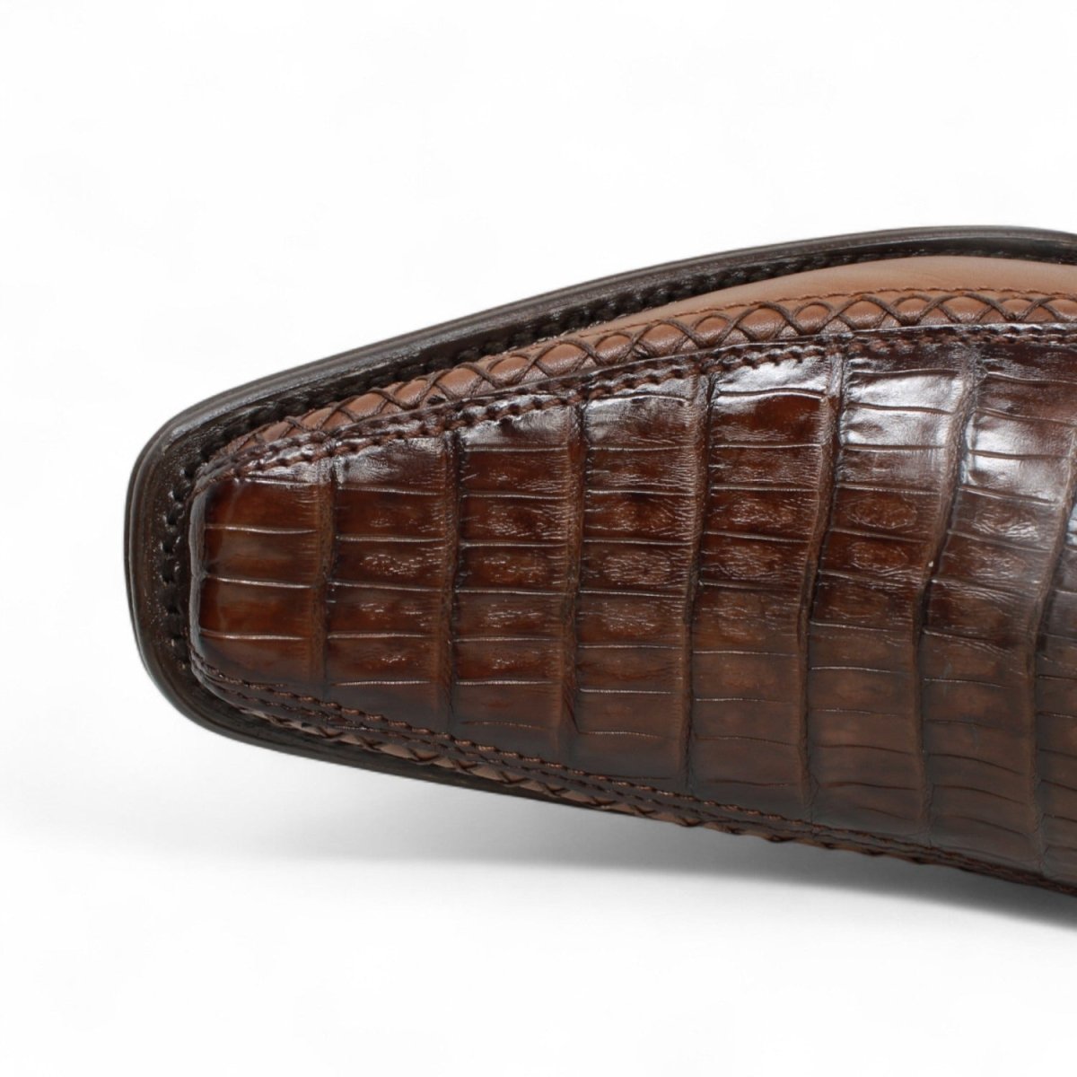 Western Genuine Caiman Belly European Toe Boots Faded Brown Color - Wild West Boots - Toe View