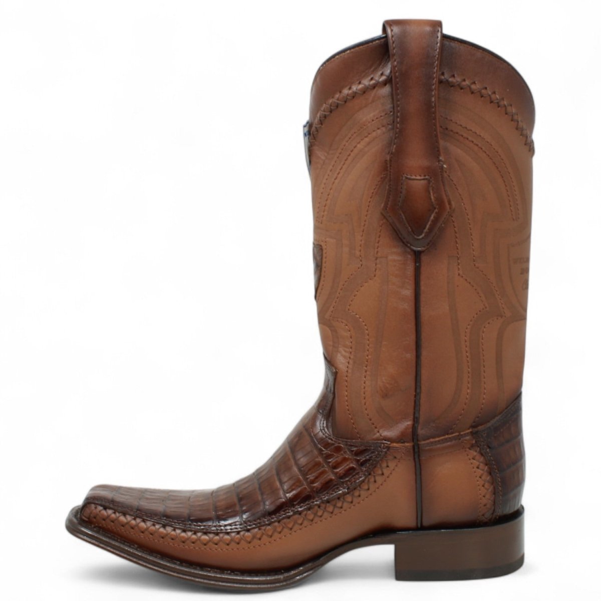Western Genuine Caiman Belly European Toe Boots Faded Brown Color - Wild West Boots - Left Side View