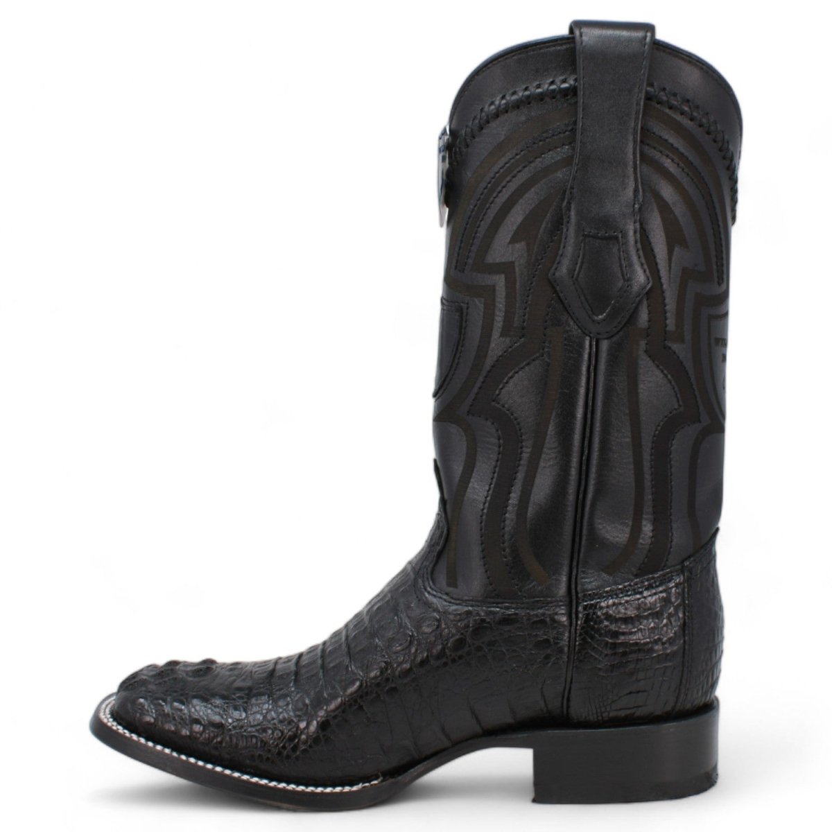 Genuine Crocodile Caiman Hornback Wide Square Toe Boots Black Color - Wild West Boots left side