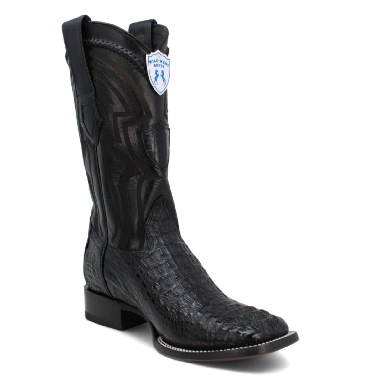 Genuine Crocodile Caiman Hornback Wide Square Toe Boots Black Color - Wild West Boots