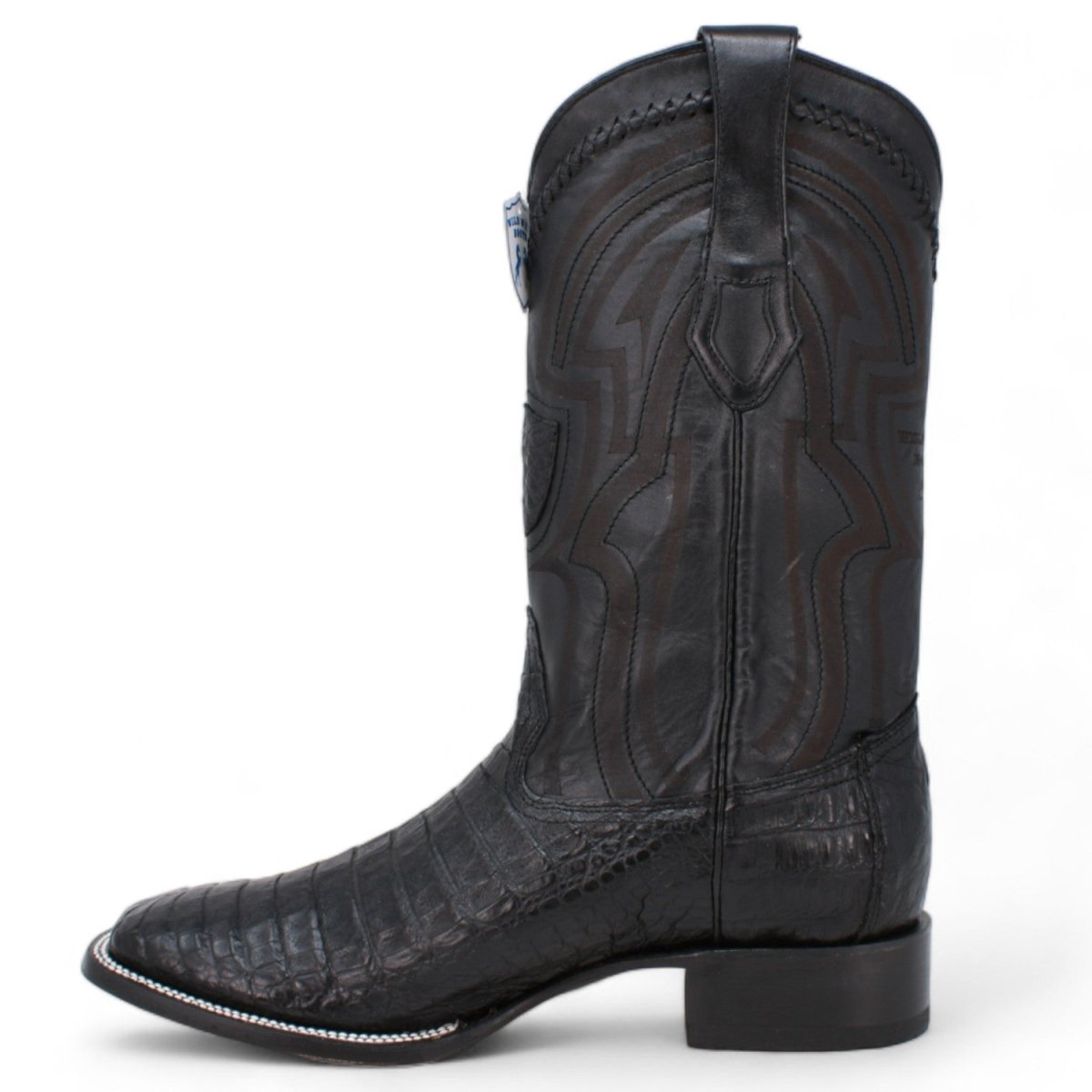 Genuine Crocodile Caiman Belly Wide Square Toe Boots Black Color - Wild West Boots left side