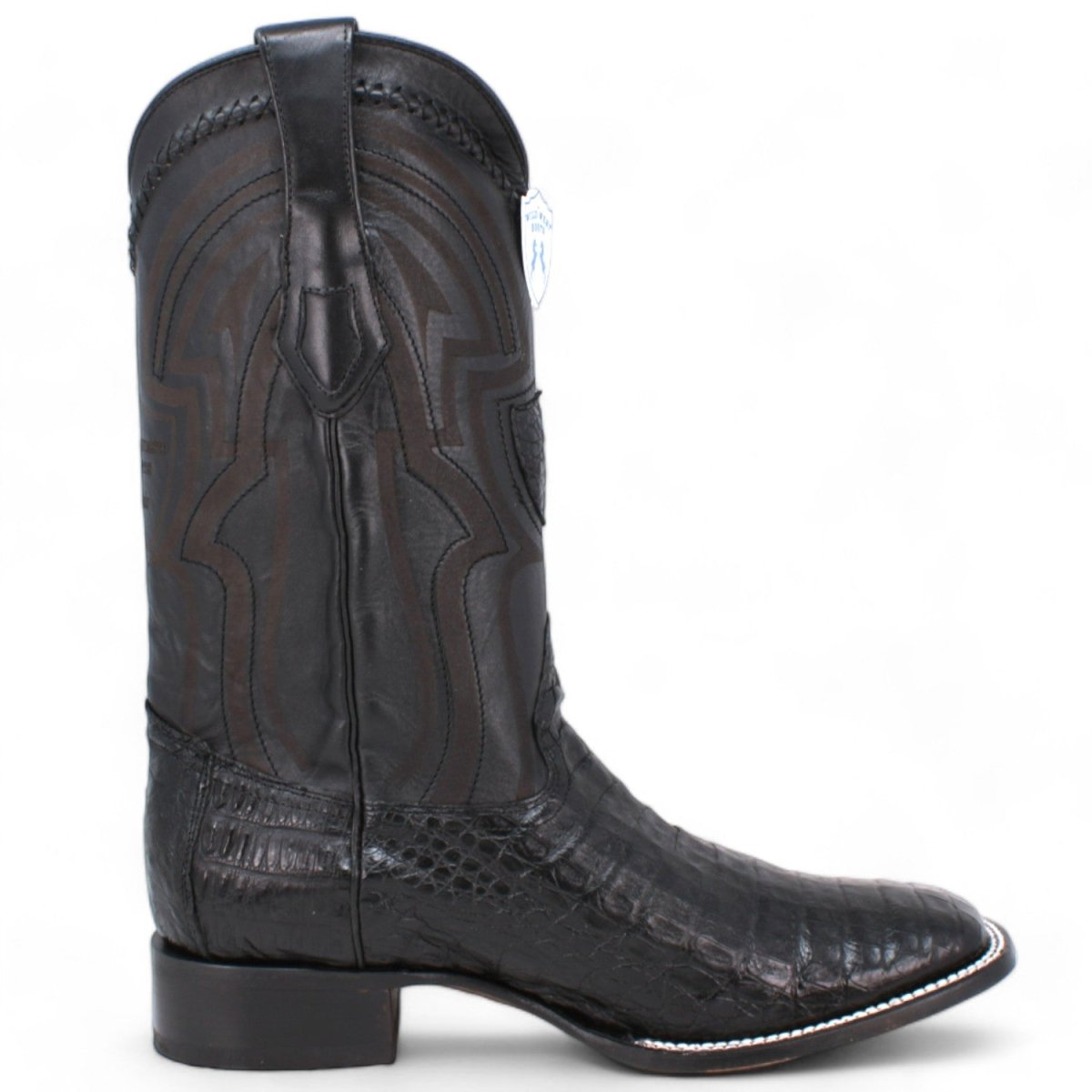 Genuine Crocodile Caiman Belly Wide Square Toe Boots Black Color - Wild West Boots right side