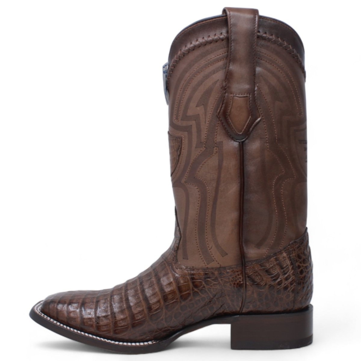 Genuine Crocodile Caiman Belly Wide Square Toe Boots Brown Color - Wild West Boots left side