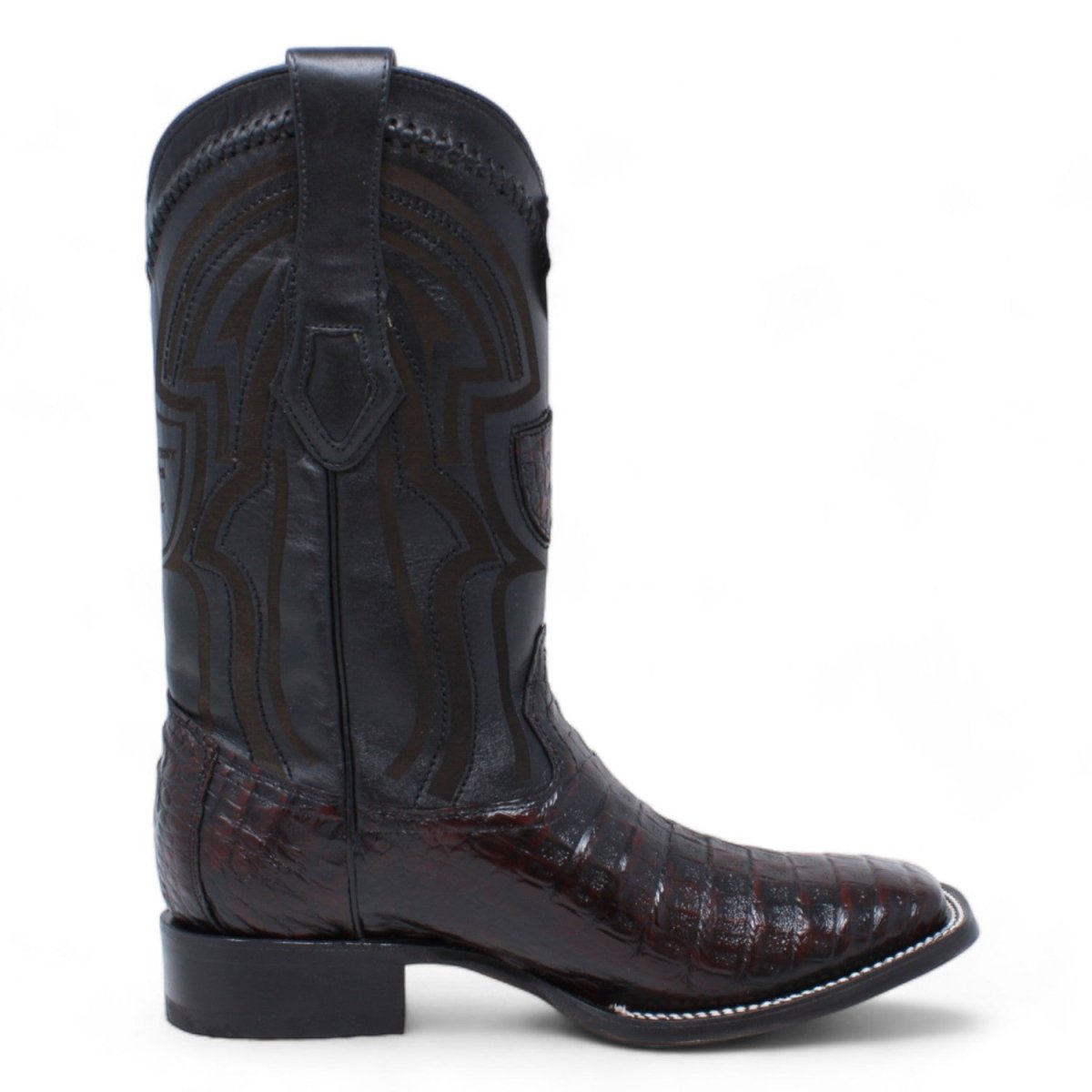 Genuine Crocodile Caiman Belly Wide Square Toe Boots Black Cherry Color - Wild West Boots right side