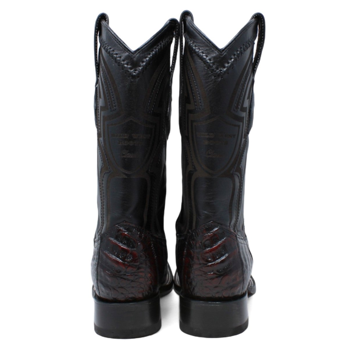 Genuine Crocodile Caiman Belly Wide Square Toe Boots Black Cherry Color - Wild West Boots back