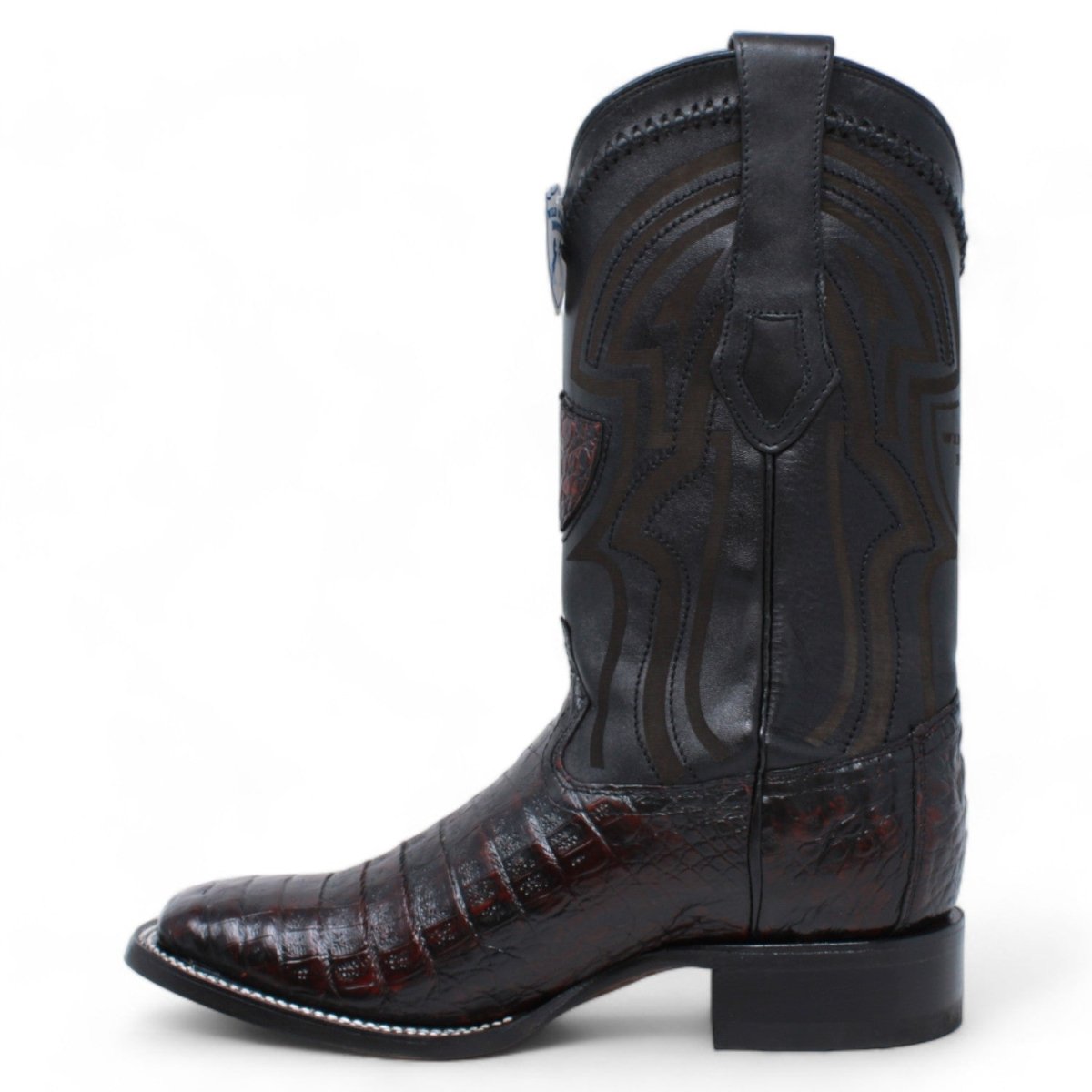 Genuine Crocodile Caiman Belly Wide Square Toe Boots Black Cherry Color - Wild West Boots left side