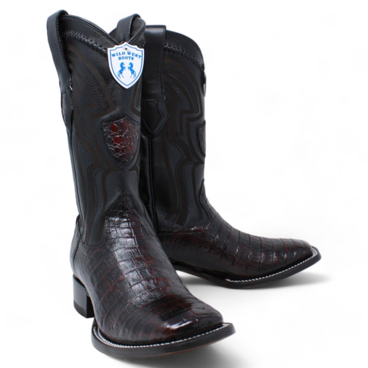Genuine Crocodile Caiman Belly Wide Square Toe Boots Black Cherry Color - Wild West Boots Pair