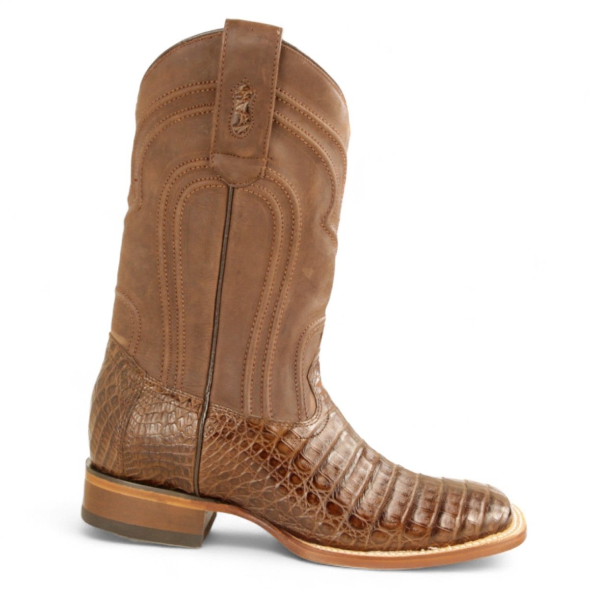 Botas de Cocodrilo Caiman Panza Original Punta Rodeo Cuadrada Ancha con Zipper Color Cafe - Los Altos Boots - Los Altos Boots