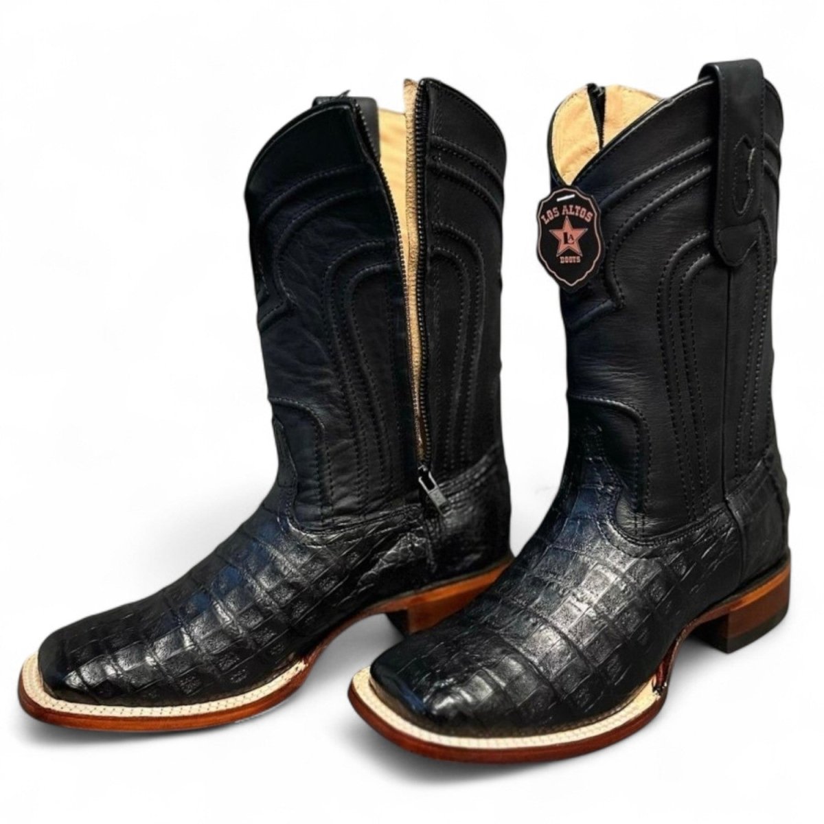 Botas de Panza de Caiman Original Punta Rodeo Cuadrada Ancha Color Negro - Los Altos Boots main image 1